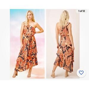 Love stitch Sabina Paisley Printed One Shoulder Maxi Dress Orange Blue Boho SZ L